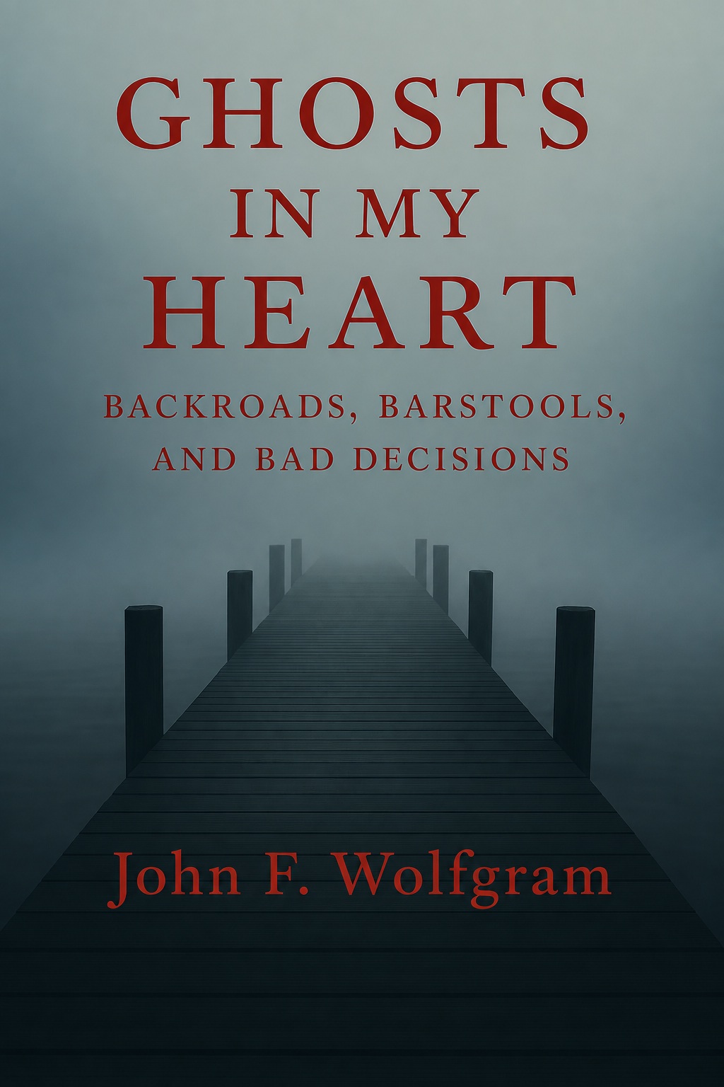 Ghosts in My Heart: Backroads, Barstools, and Bad Decisions by John F. Wolfgram, with a foggy dock on the cover